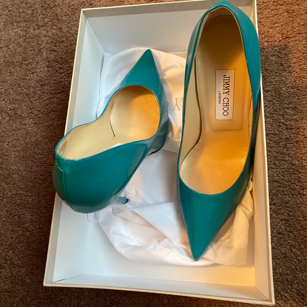 Jimmy Choo Teal Patent Pointed-Toe Pumps with Slim Heel